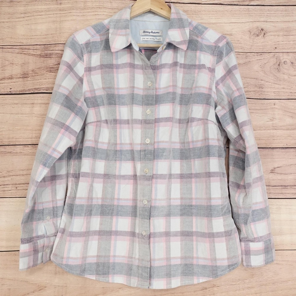 Tommy Bahama Button-Up Womens L White Collared Long Sleeve Plaid Corduroy Shirt